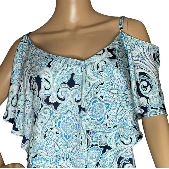 GIGI PARKER WOMENS COLD SHOULDER BLOUSE PAISLEY AQUA XS NEW WITH TAGS - Picture 2 of 9